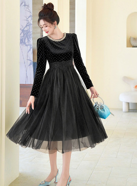 秋冬法式丝绒网纱拼接连衣裙女收腰显瘦镶钻名媛风晚宴长裙45388