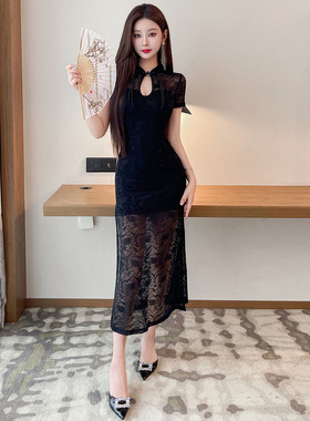 WDS4391欧美2024跨境外贸复古短袖镂空网纱包臂开叉旗袍连衣裙女
