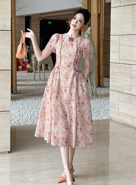 2025夏季新款女装复古气质设计感钉珠印花收腰粉色连衣裙21778