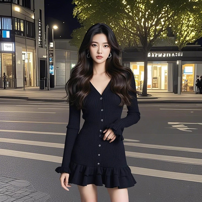 DLGT5433法式赫本风V领单排扣连衣裙女气质御姐范显瘦荷叶边A字裙