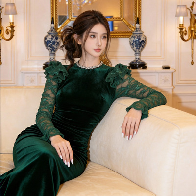 2026春季新款女装法式圆领蕾丝喇叭袖拼接修身包臀连衣裙83040