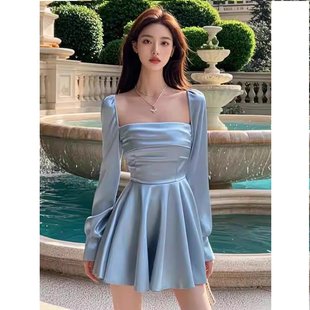 女别致复古气质名媛收腰礼裙 新款 XSD5015法式 方领缎面连衣裙春季