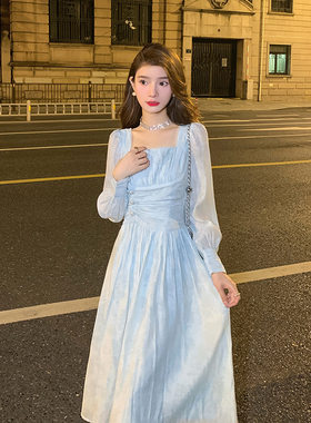 2026春季秋冬新款英伦风雪纺印花中长款修身显瘦方领名媛连衣裙女
