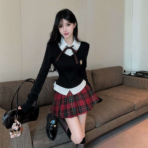学院风jk套装假两件拼接长袖针织上衣高腰格子半身裙制服小个子秋