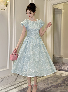 蕾丝连衣裙女夏季2025新款礼服裙泡泡袖气质收腰大摆长裙子45147