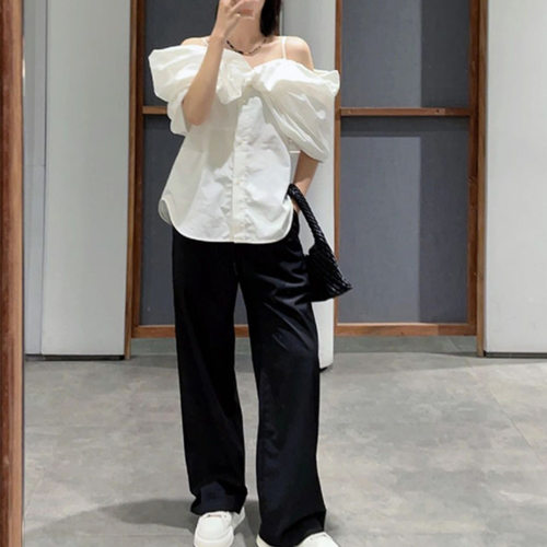 2024夏季新款白色一字肩吊带衬衫女装设计感小众别致绝美上衣法式