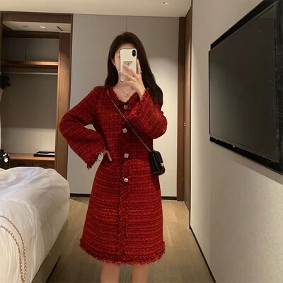 法式冷淡风连衣裙设计感粗花呢直筒别致轻熟风盐系过年小裙子显瘦