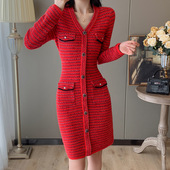 新款 深圳南油女装 批发小香风针织连衣裙女2025秋季 内搭毛衣冬裙红
