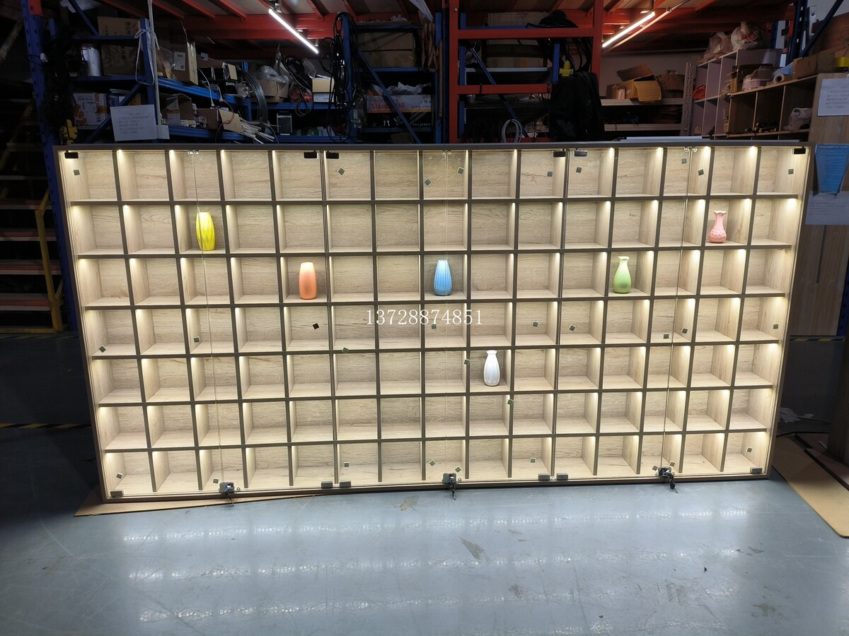 小格子壁柜铝框门吊柜可调节玻璃层板上墙展示柜货架有灯木制定做