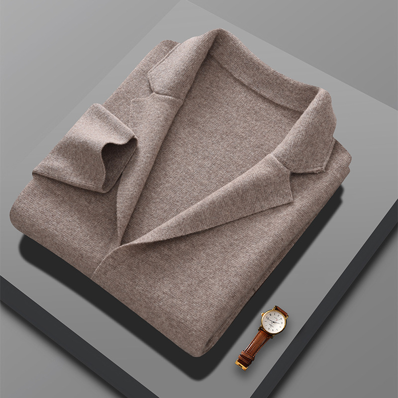 100%纯羊毛西装翻领外套男韩版宽松时尚针织开衫休闲西服外穿上衣