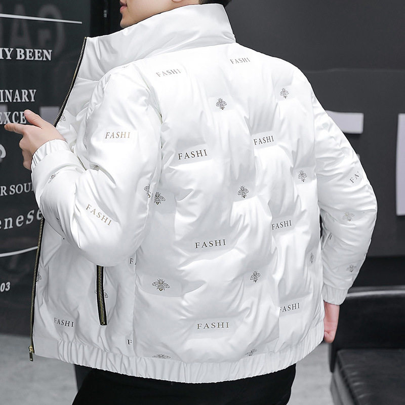 棉袄男冬季欧版修身印花立领厚款保暖棉服亮皮帅气百搭短款棉衣男