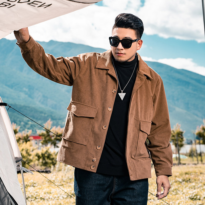 潮牌大码男装加肥加大号秋冬个性灯芯绒宽松长袖翻领休闲外套