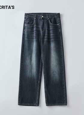 APO男装|跨境美式高街水洗做旧牛仔裤男春季潮牌痞帅宽松直筒长裤