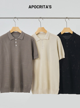 APO男装|跨境针织镂空短袖POLO衫男夏季老钱风轻熟休闲翻领马球衫