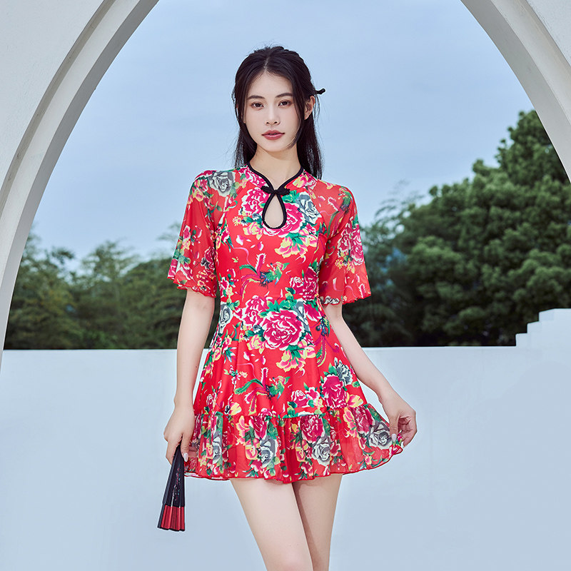 复古连体泳衣女裙式遮肚显瘦平角裤国潮旗袍东北大花微胖温泉度假