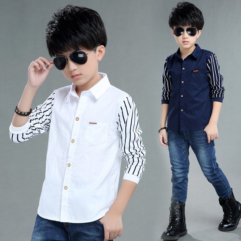 男童衬衫长袖纯棉春秋儿童中大童薄款白衬衣帅气小学生中童上衣潮