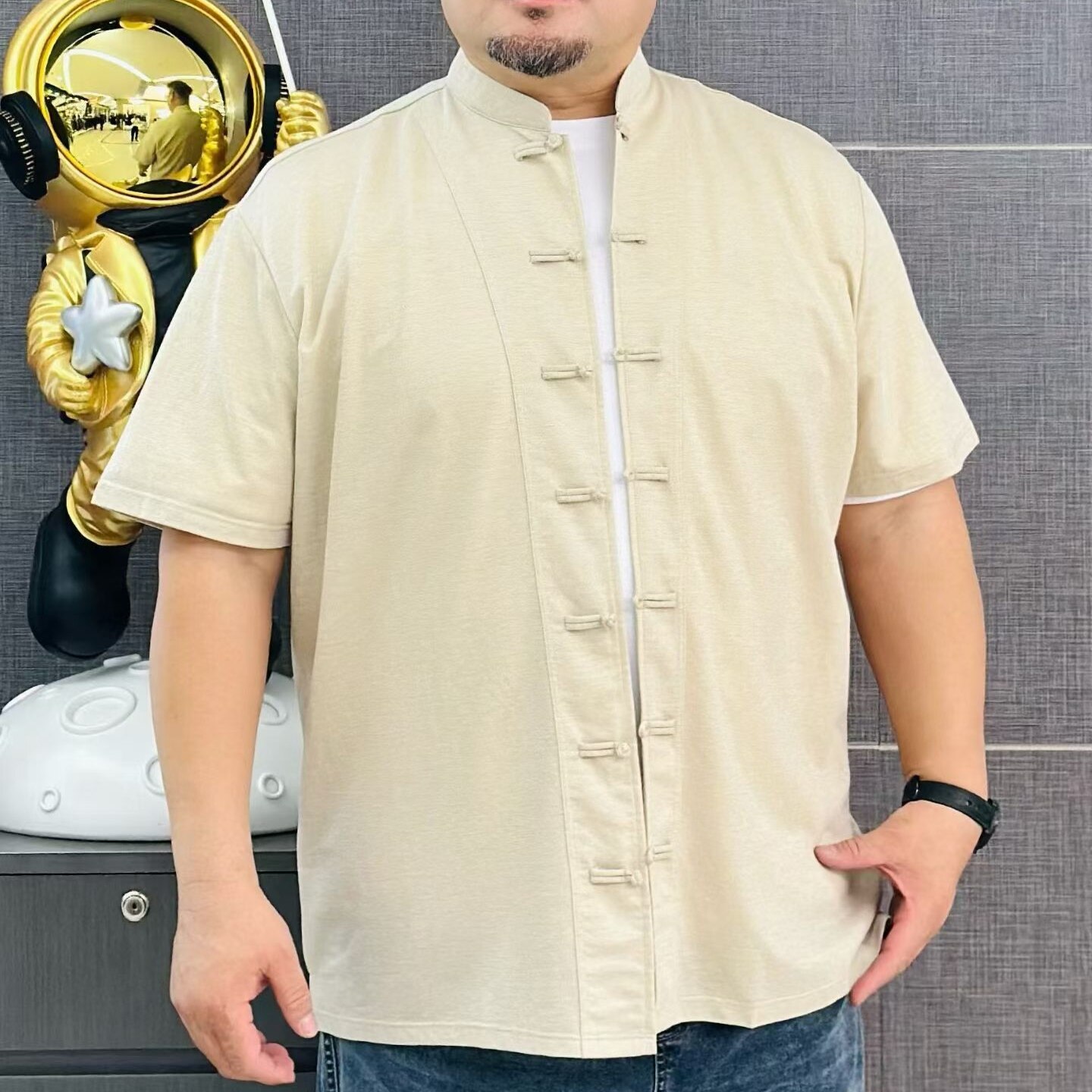 635中式立领大号加肥加大码特体大号短袖衬衫衬衣弹男装黑色