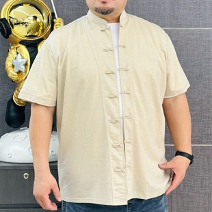 衬衫 635棉麻中式 立领大号加肥加大码 特体大号短袖 黑色 衬衣弹男装