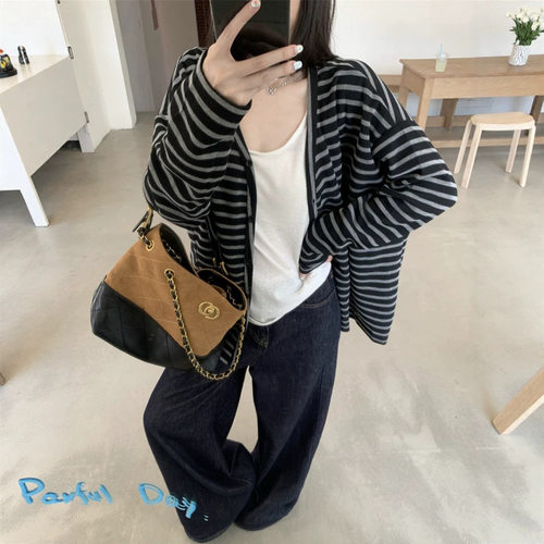 美式撞色条纹针织开衫女春秋季v领松弛感大码胖MM外套单排扣上衣