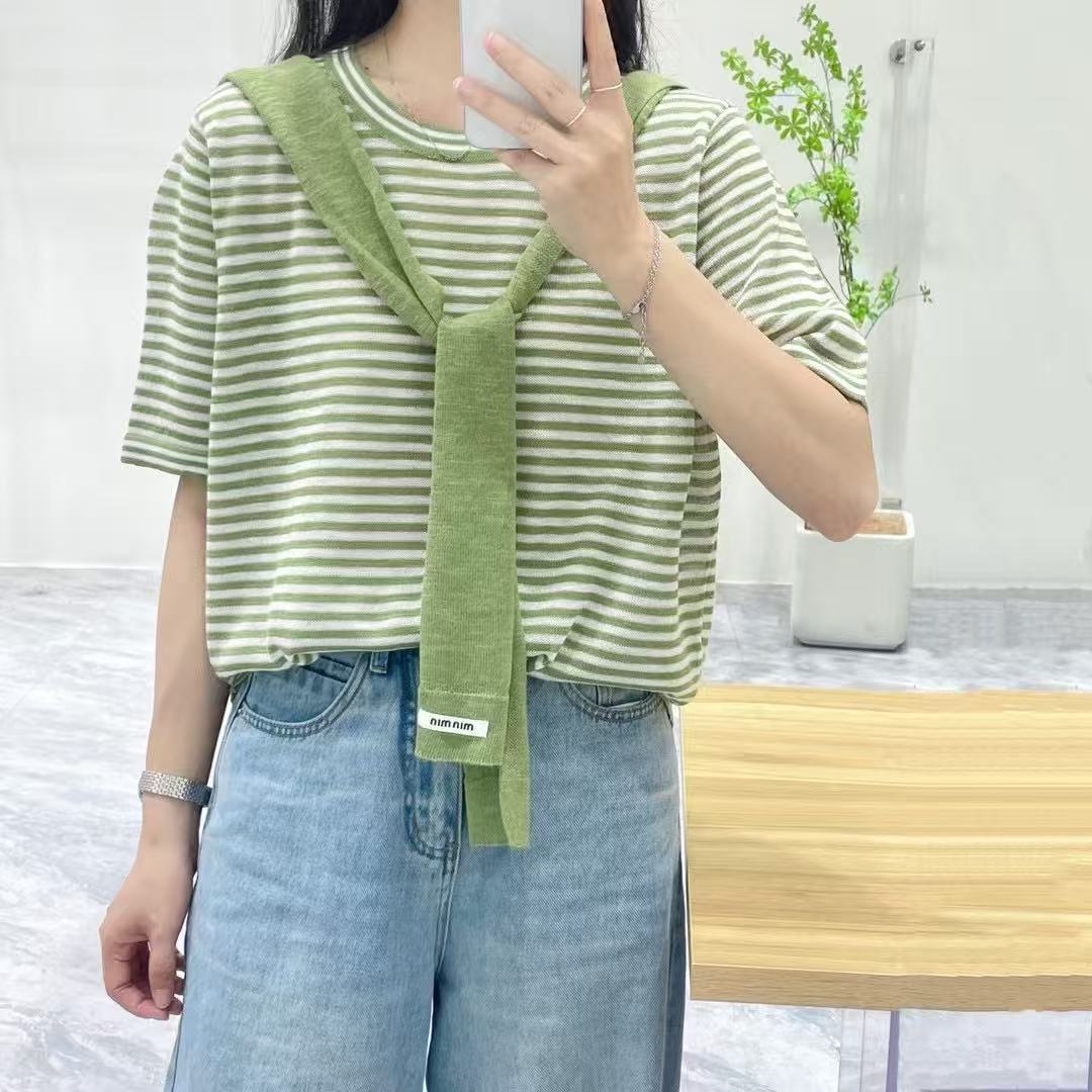 2025春夏新款韩系条纹短袖针织衫搭披肩女洋气宽松显瘦百搭上衣潮