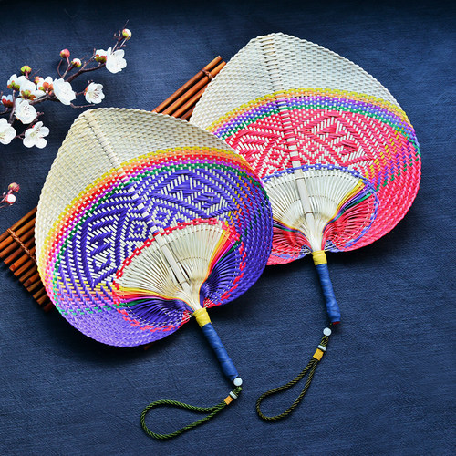 手工编织竹PU皮革手柄蒲扇