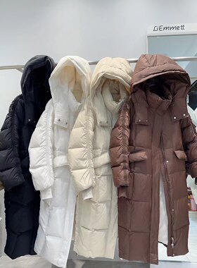 秋冬新款韩版宽松白色羽绒服女设计感直筒中长过膝加厚外套