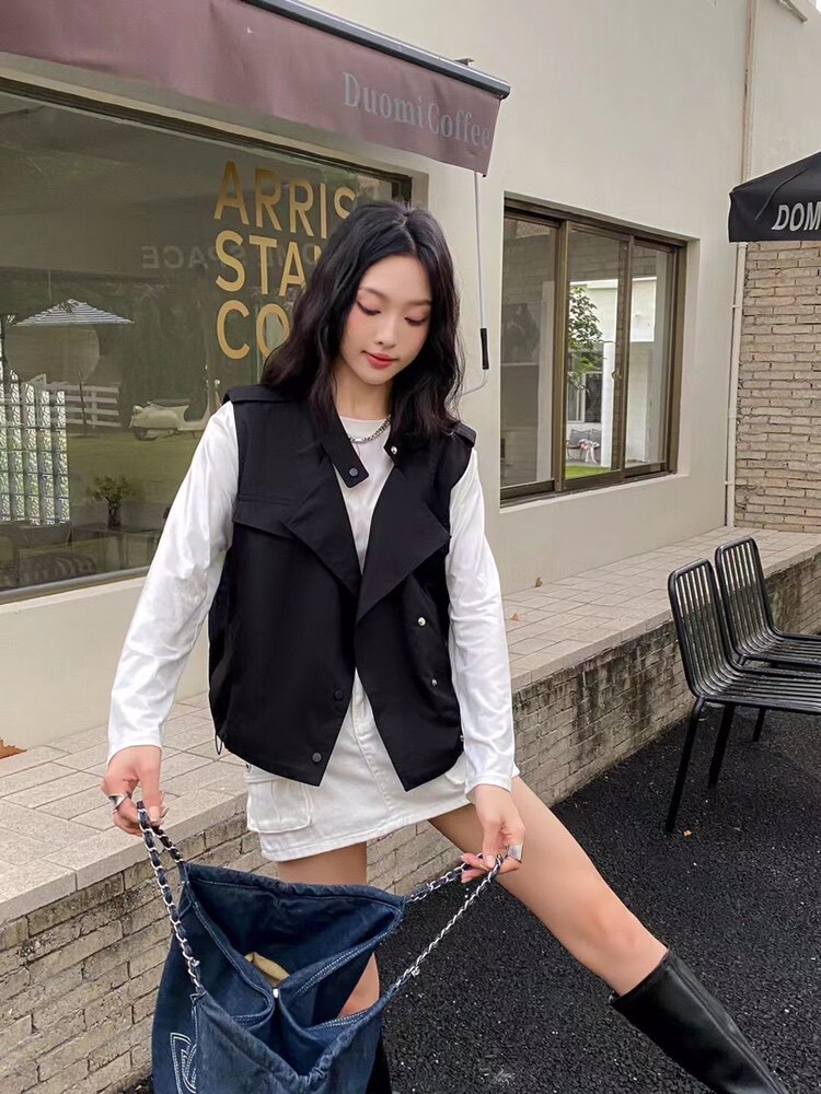 韩国西装领棉马夹外套女慵懒风机车服秋新款宽松坎肩背心马甲2330