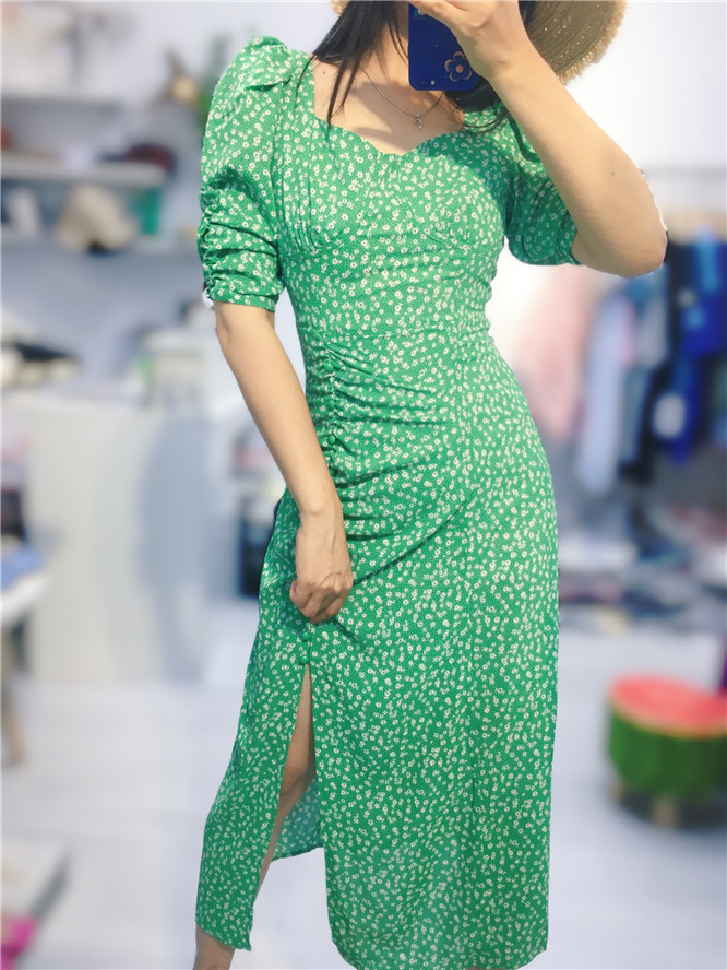 猫咪pussy cat春夏新品正品方领侧开叉连衣裙气质修身显瘦