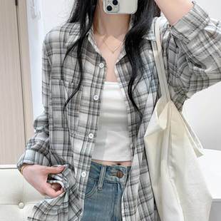 衬衣韩系上衣 复古洋气时尚 格子衬衫 女秋装 polo领宽松休闲百搭长袖