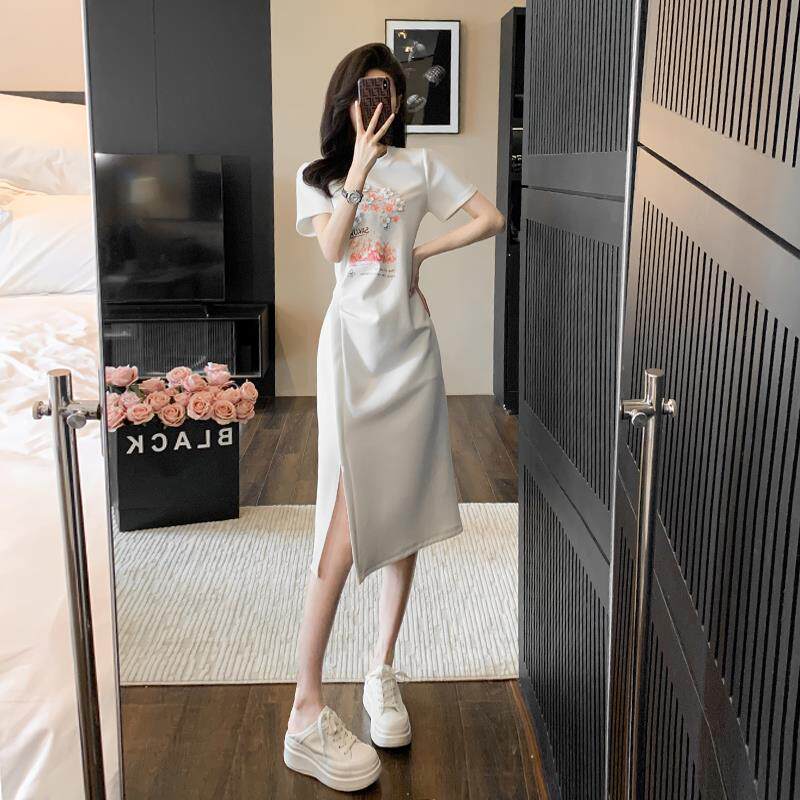 欧洲站短袖连衣裙女2025新款女夏季高级感收腰开叉中长款T恤裙子