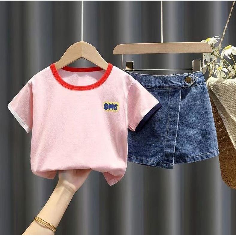 韩国女童夏装短袖套装儿童时髦显瘦衣服洋气女宝宝牛仔短裤两件套