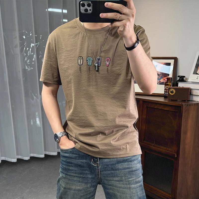 潮牌时尚男士薄款短袖男t恤衫夏季天丝棉麻潮流透气棉半袖上衣T恤