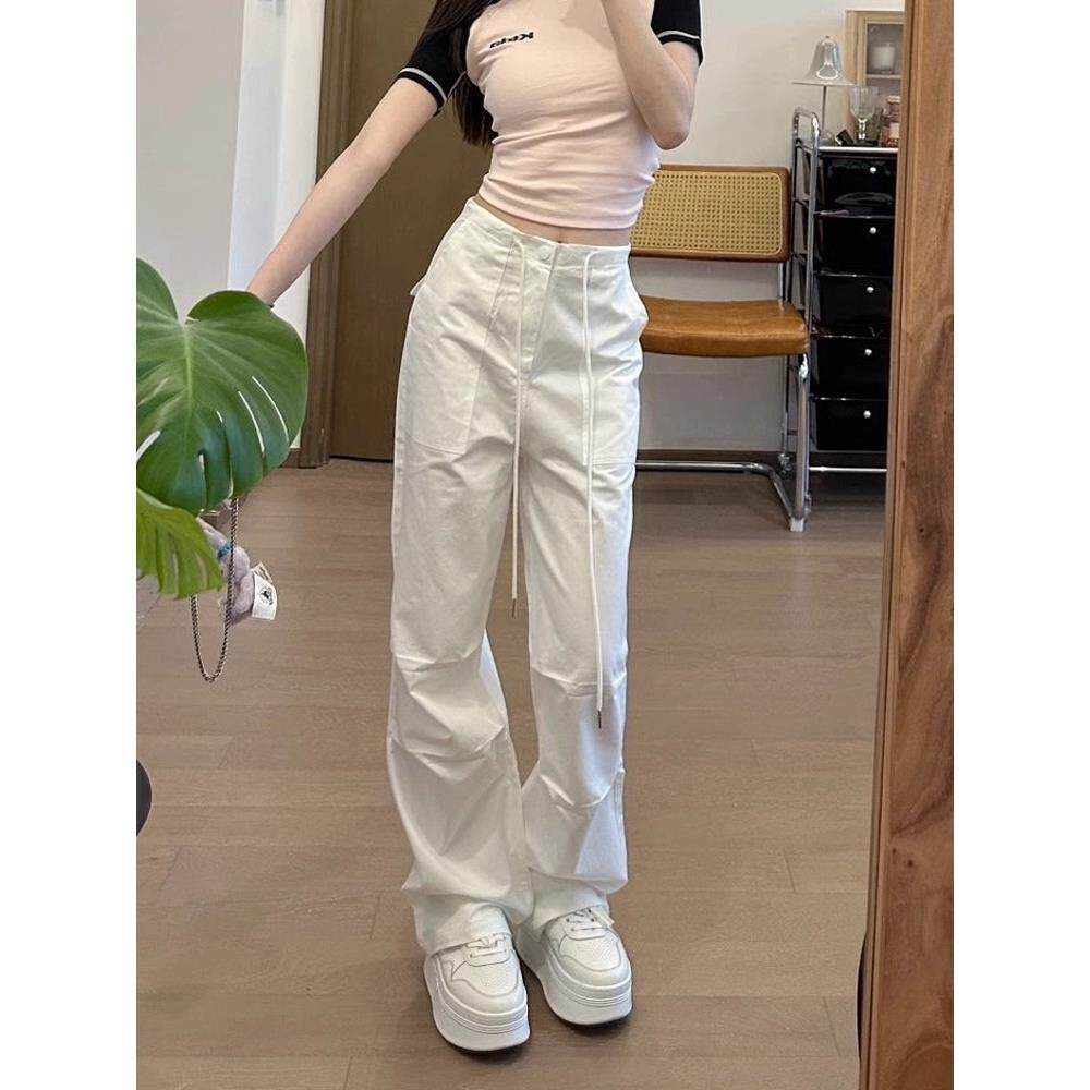 美式白色工装裤女夏季薄款2025新款高腰宽松小个子直筒阔腿休闲裤