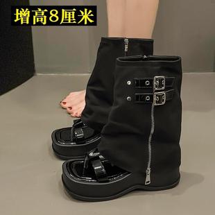 欧货增高8cm裤 管凉靴女2024夏新款 小个子夹趾复古凉鞋 厚底罗马鞋