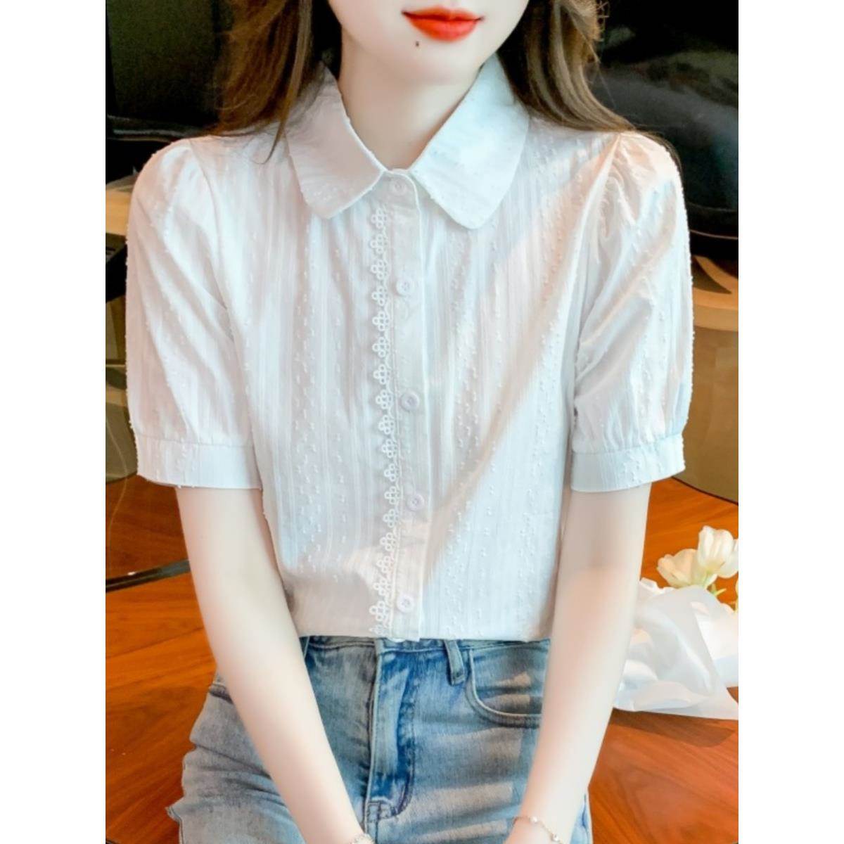香港TIMO纯棉衬衫女洋气全棉设计感小众2024夏季短袖减龄职业上衣