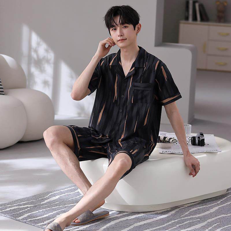 维多利亚冰丝睡衣男夏季短袖短裤大码可外穿高级感丝绸家居服套装