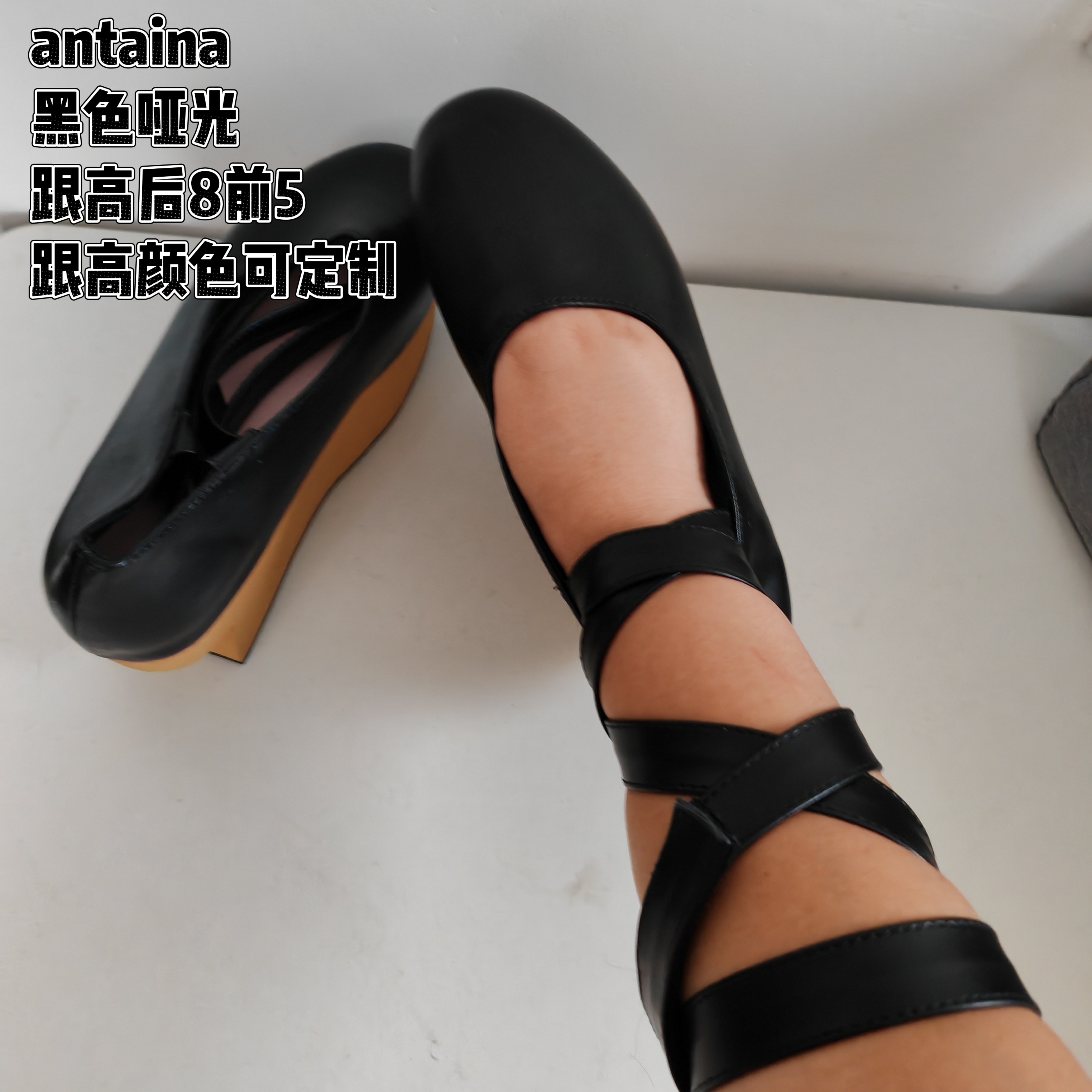antaina特价现货设计芭蕾风交叉绑带玛丽珍鞋女厚底增高小皮鞋