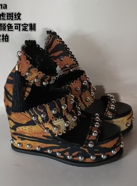 antaina工厂实拍虎斑凉鞋铆钉朋克辣妹风松糕厚底鞋增高鞋绑带