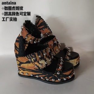 antaina工厂实拍虎斑凉鞋铆钉朋克辣妹风松糕厚底鞋增高鞋绑带