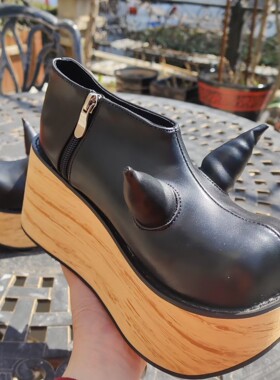 antaina 恶魔角木纹底高跟松糕厚底鞋亚文化朋克个性特色辣妹2410