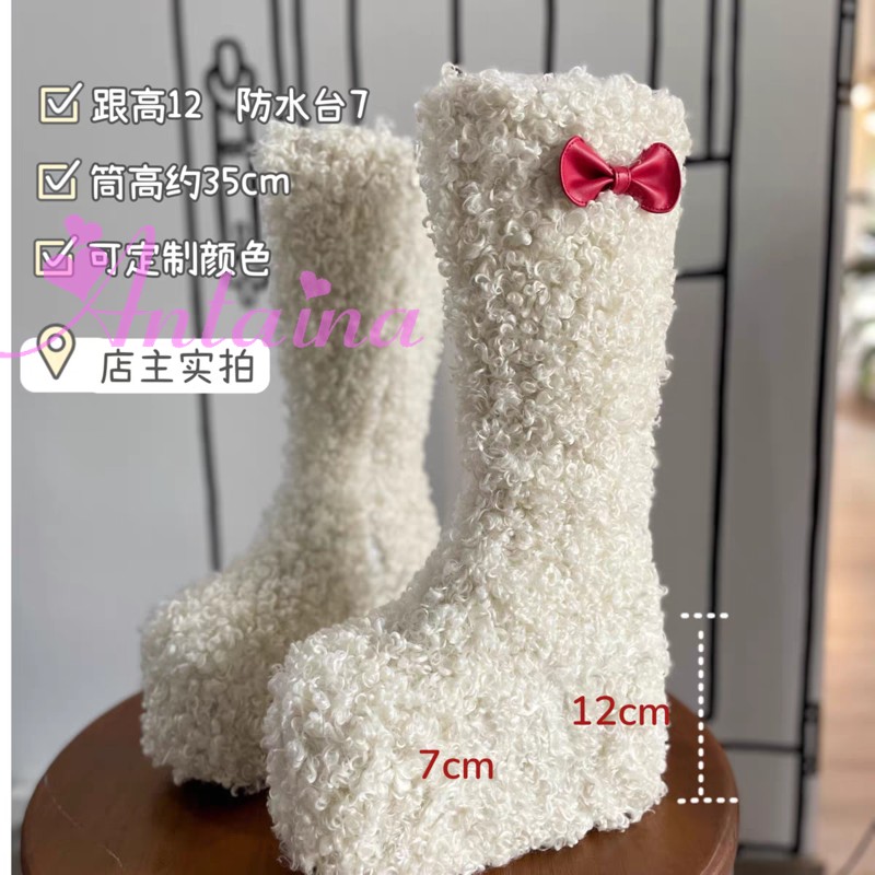 增高厚底鞋毛绒鞋可爱卷卷毛大码女靴蝴蝶结秋冬款可定制nana