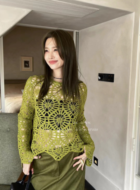 南油高品Lemon早秋新款 镂空钩花圆领套头绿色短款针织衫小香上衣