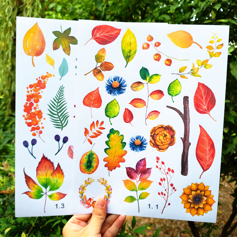 2张 秋天主题贴纸 纸质平面贴画 秋天树叶贴纸 枫叶贴画 autumn