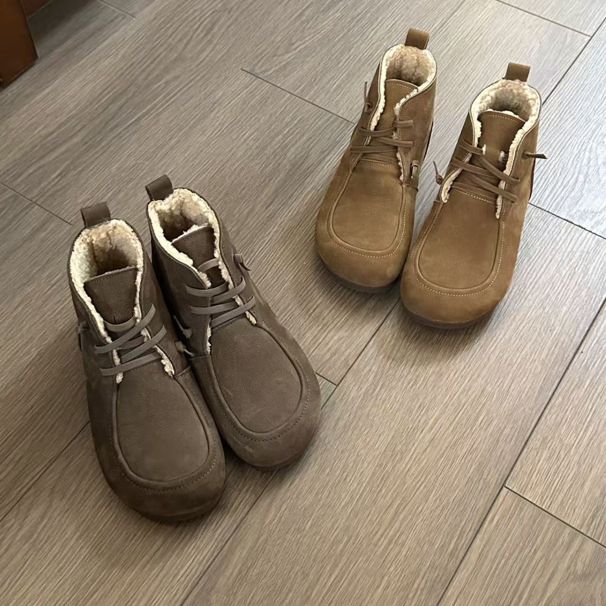 冬季新款加绒保暖棉鞋一脚蹬休闲复古短靴头层牛皮休闲靴子棉靴女