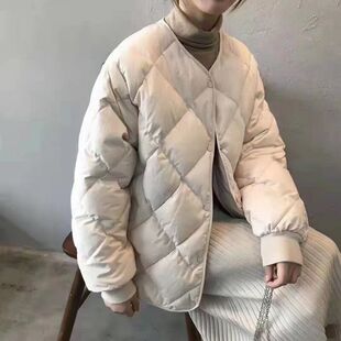 韩国东大门小个子羽绒服女短款宽松简约菱格领秋冬外套白鸭绒潮