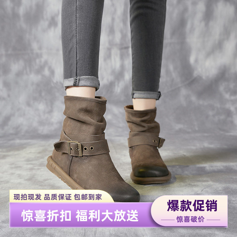 秋冬粗跟手工真皮短靴森系复古圆头软底磨砂马丁靴牛皮矮筒女包邮