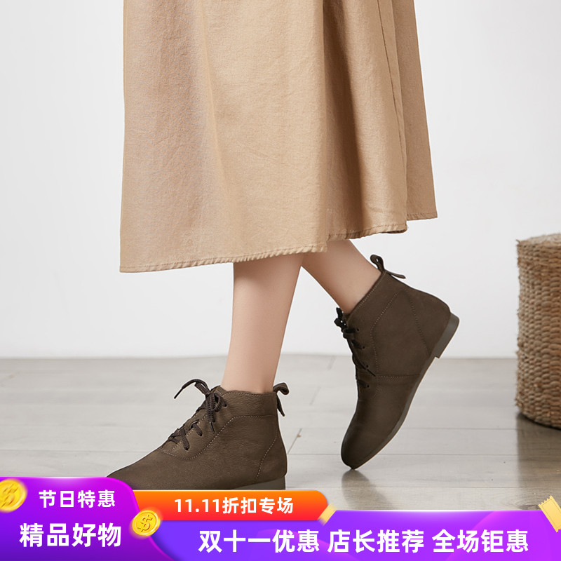 春季新款2024牛皮短靴低筒平跟软底尖头女靴平跟系带单靴森系包邮