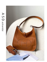 Genuine Leather Tote Bag Women's First Layer Cowhide Shoulder Bag 2025 New H Letter Hollow Large Capacity Evelyn Bag