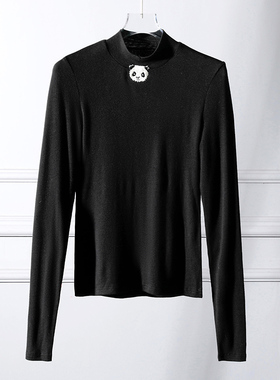 亲妈~2023冬新款刺绣熊猫半高圆领修身套头打底衫