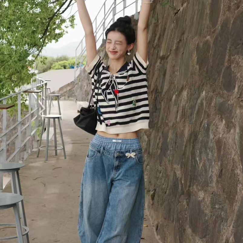 亲妈~2025夏季夏款条纹海军领贴布毛针织衫短袖T恤